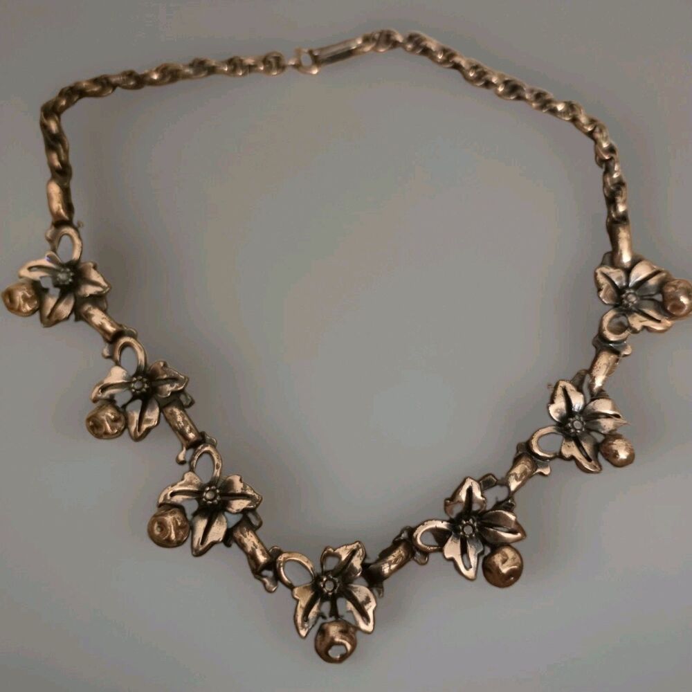 Vintage Brass Flower Necklace with Bell Drops Art Nouveau Style 16"